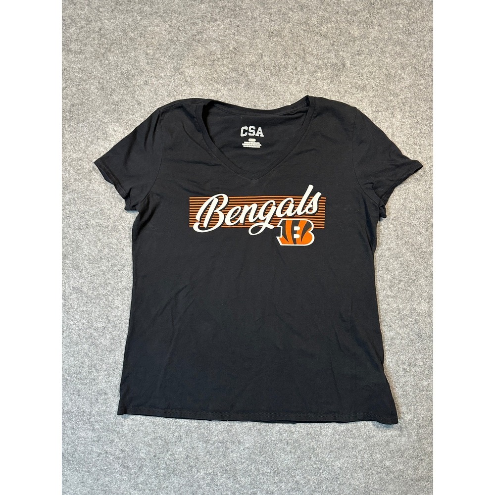 CSA Cincinnati Bengals NFL V-Neck TShirt Womens Large Black Short Sleeve Fan Tee